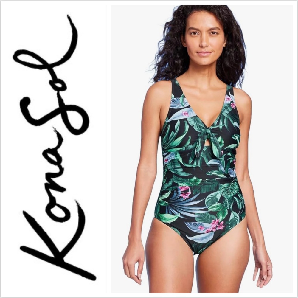 Kona Sol Swimsuit 16 Tropical Print One Piece Black Green vacation beach resort